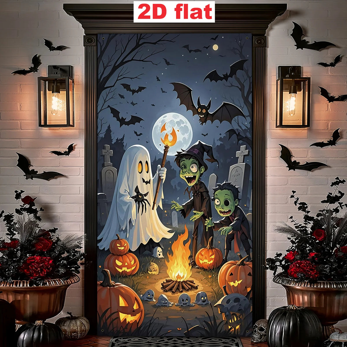 Halloween campfire banner on a doorway framed by white brick, black bat decorations and lanterns