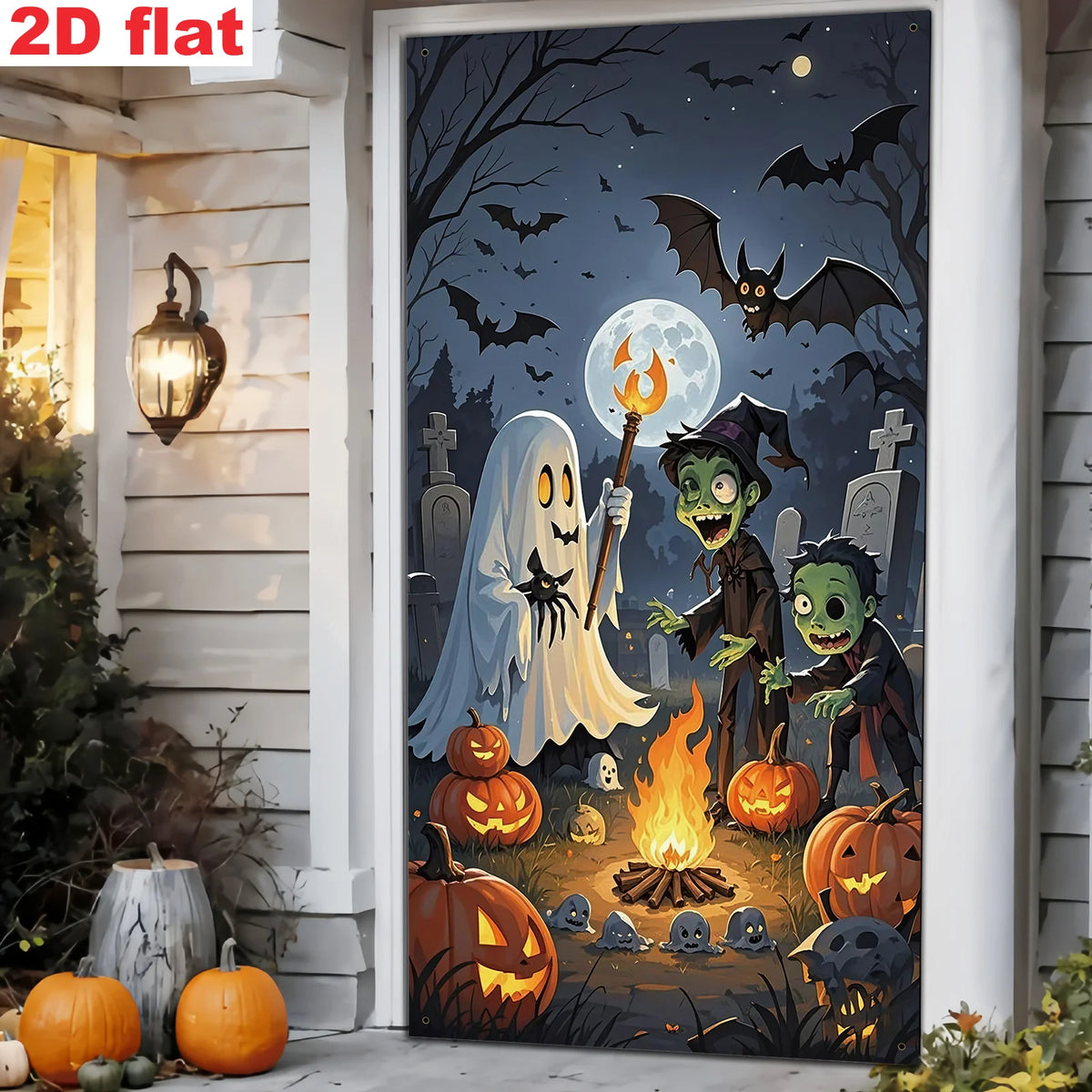 Flat printed Halloween campfire banner on a white porch doorway beside a wall lantern and pumpkins