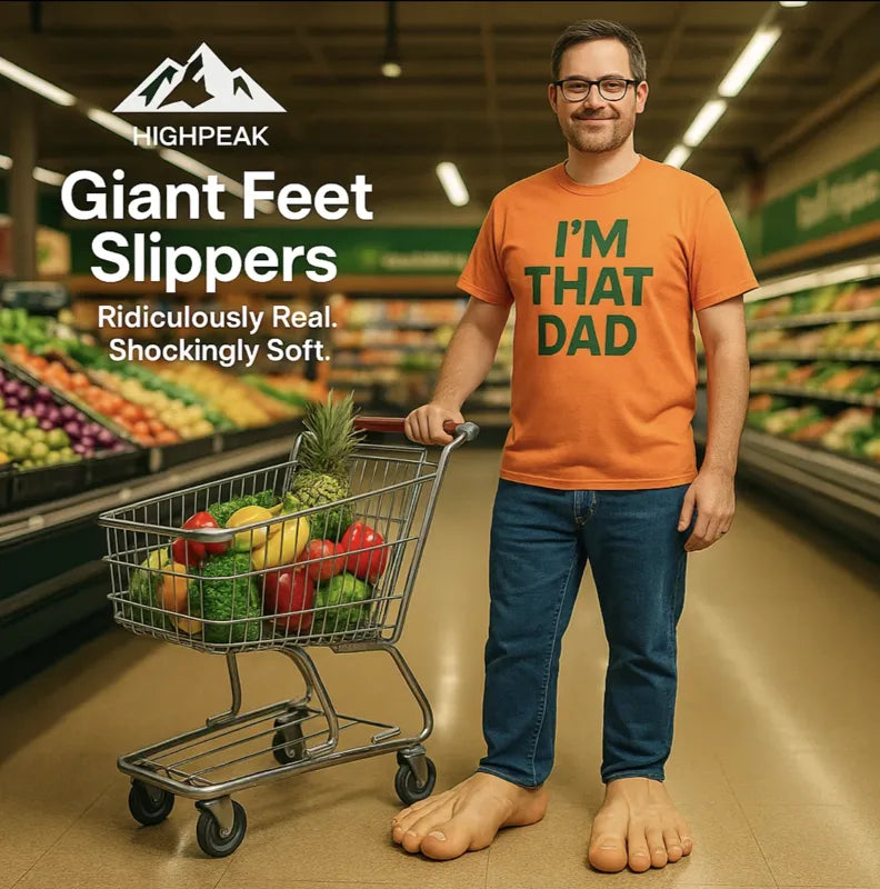 HighPeak Giant Feet Slippers in realistic skin tone worn by man grocery shopping, soft and surprisingly detailed footwear.