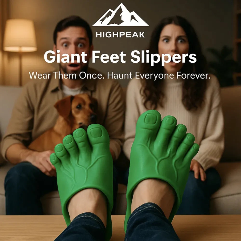 HighPeak Giant Feet Slippers in green with hyper-realistic toes worn indoors in a cozy living room setting