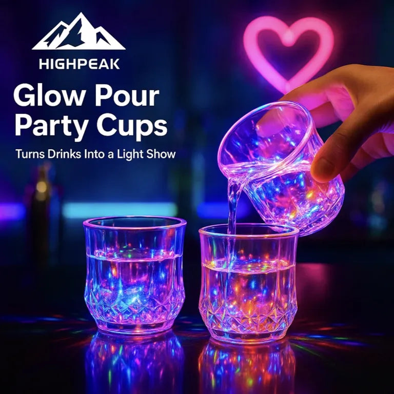 HighPeak Glow Pour Party Cups in use with vibrant LED lights and pouring liquid, creating a colorful party atmosphere