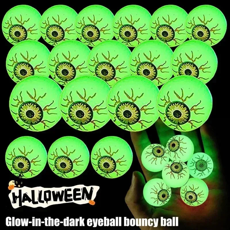 Halloween collage of Glowing Eyeball Bouncy Balls in rows and held in a hand