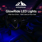 HighPeak GlowRide™ car interior LED light installed with blue glow lighting footwells and dashboard at night