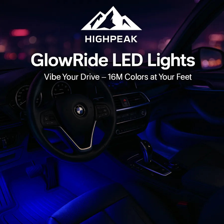 HighPeak GlowRide™ car interior LED light installed with blue glow lighting footwells and dashboard at night