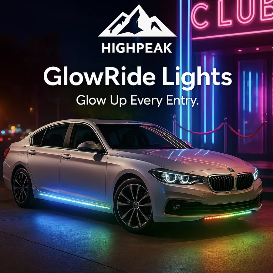 HighPeak GlowEdge™ LED Car Door Lights glowing blue and rainbow under a silver sedan at night outside a neon-lit club.
