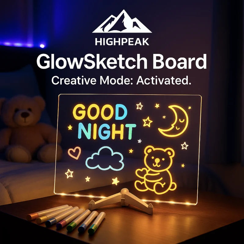 HighPeak GlowSketch Board with colorful neon doodles and markers on a wooden table in a cozy bedroom setting