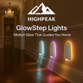 HighPeak GlowStep Motion Sensor Light in white with colorful motion-activated glow along a dim hallway wall