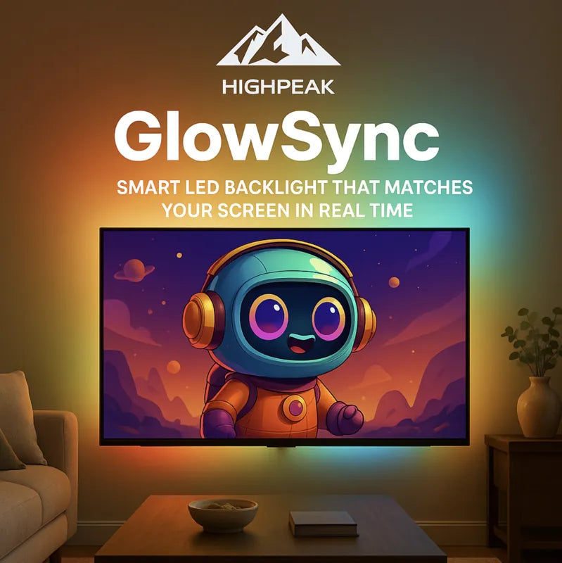 HighPeak GlowSync smart LED backlight glowing behind a TV with a colorful animated astronaut on screen in a living room.