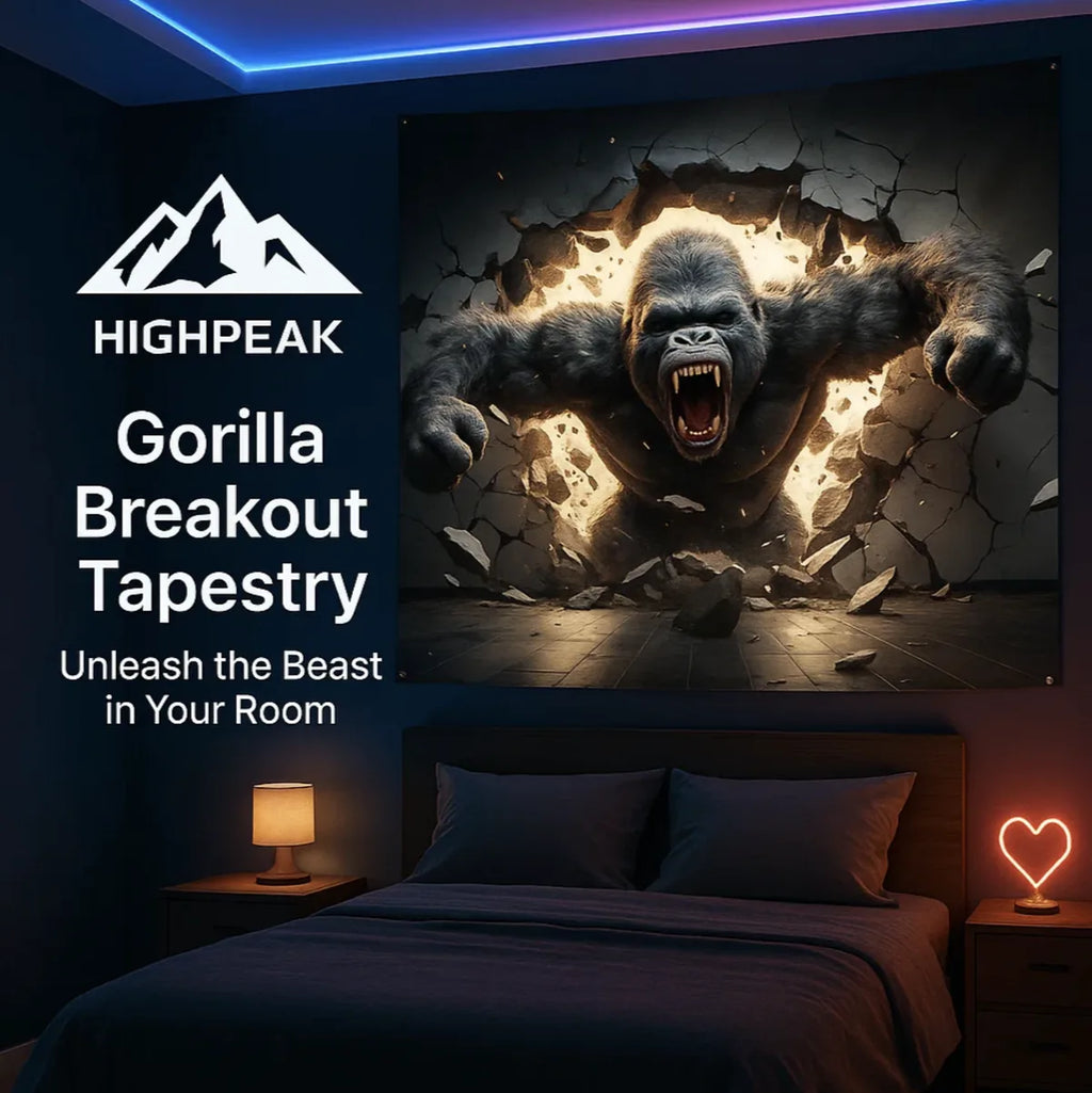 HighPeak Gorilla Breakout™ 3D Wall Tapestry depicting a roaring gorilla breaking through a dark wall above a bed.