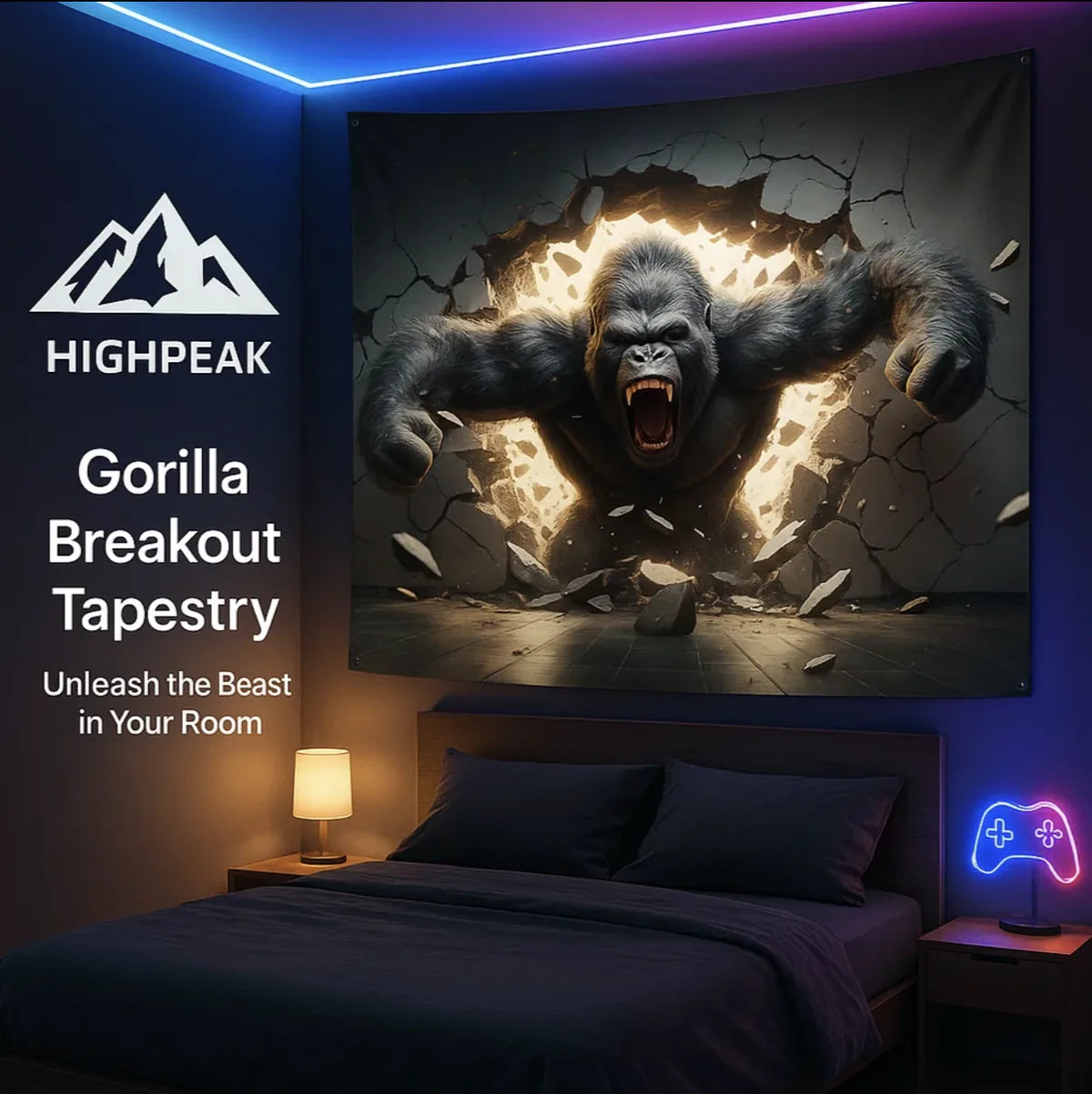 HighPeak Gorilla Breakout™ 3D Wall Tapestry with gorilla breaking through wall in a dark bedroom setup