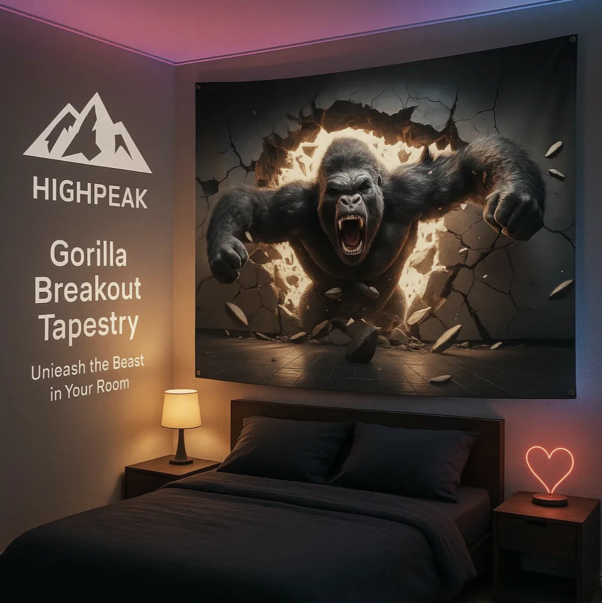 HighPeak Gorilla Breakout™ 3D Wall Tapestry featuring a roaring gorilla breaking through a dark wall above a bed.