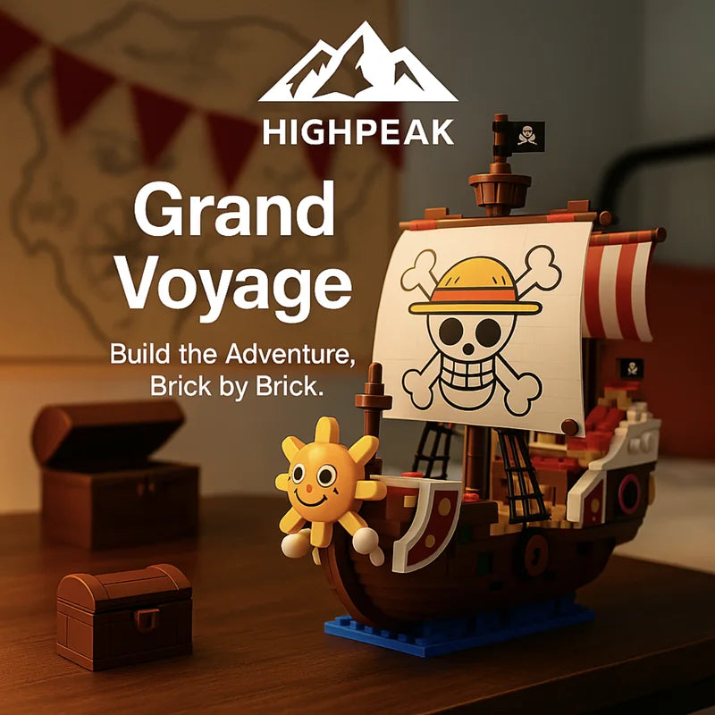 HighPeak Grand Voyage pirate ship model with skull sail and treasure chests on wooden surface indoors