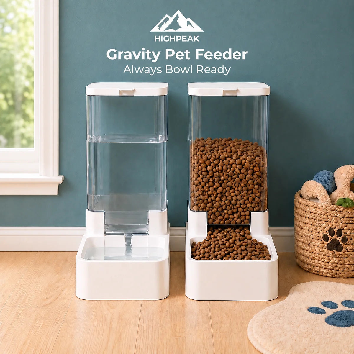 Two white and clear high-capacity gravity pet feeders shown side by side on a light wood floor against a blue wall. The left feeder is filled with water, and the right feeder is filled with brown kibble.