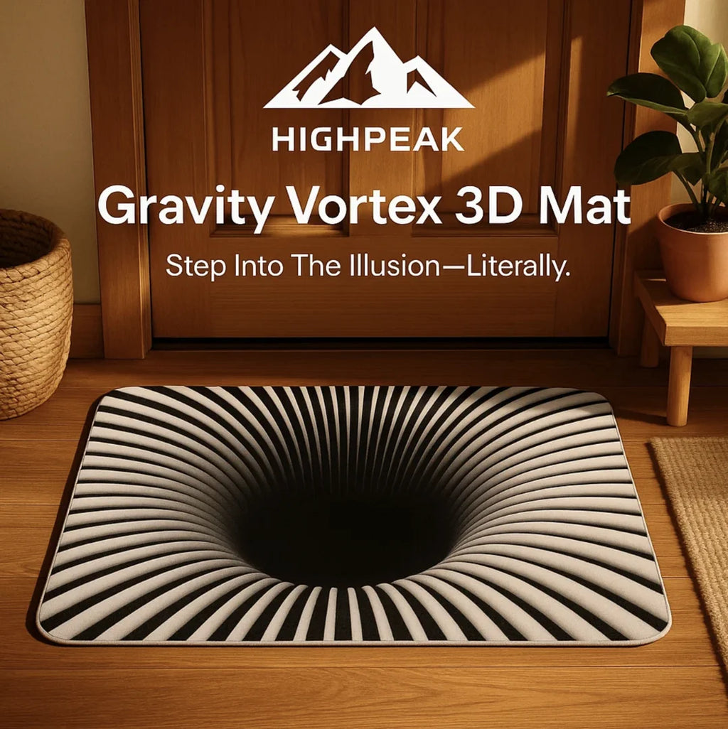 HighPeak Gravity Vortex 3D Illusion Mat showing a black hole vortex design on a wooden floor by a door.
