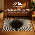 HighPeak Gravity Vortex 3D Illusion Mat showing a black hole vortex design on a wooden floor by a door.