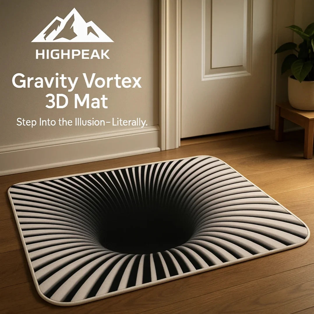 HighPeak Gravity Vortex 3D Illusion Mat with black hole design on wood floor, skid-resistant and soft indoor doormat.