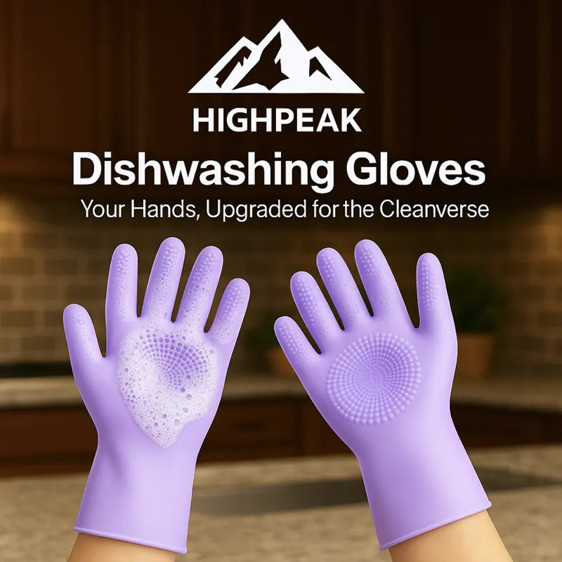 HighPeak Silicone Dishwashing Gloves in purple with built-in scrubbers and soap suds in a kitchen setting