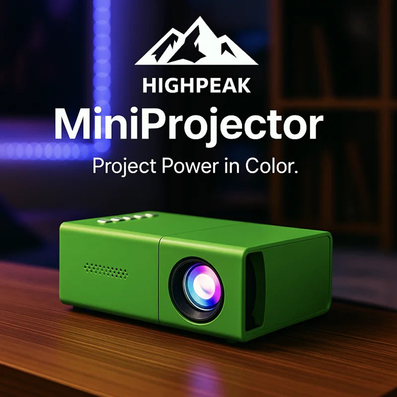 HighPeak MiniProjector in green on a wooden table projecting vibrant colors with a sleek compact design.
