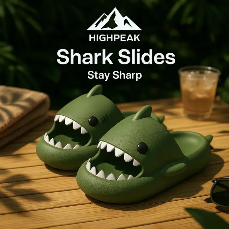 HighPeak Shark Slides in green with shark bite design on wooden deck near sunglasses and drink
