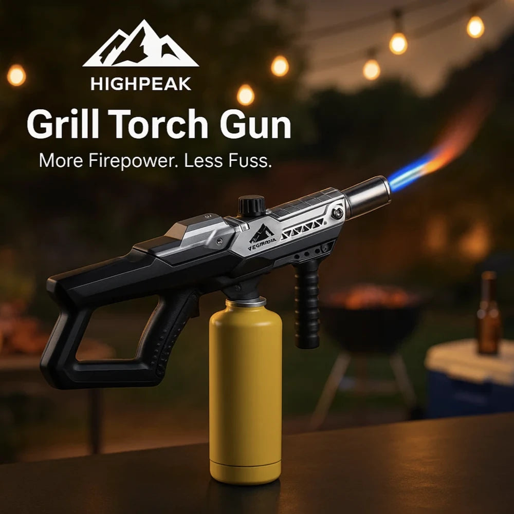 HighPeak Grill Torch Gun with yellow propane tank attached, ignited flame, ideal for BBQ and outdoor use at night