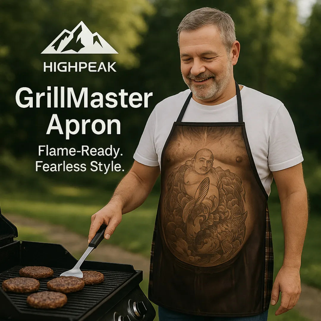 HighPeak GrillMaster Apron in brown with tattooed beer belly design worn by man grilling outdoors.