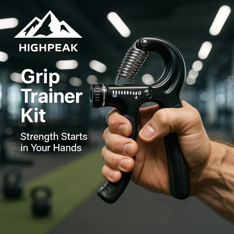 HighPeak Grip Trainer Kit in black with adjustable resistance held in hand in a gym setting for grip strength training