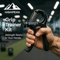 HighPeak Grip Trainer Kit in black with adjustable resistance held in hand in a gym setting for grip strength training