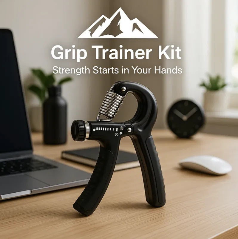 HighPeak Grip Trainer Kit adjustable black hand gripper on wooden desk with laptop and clock background