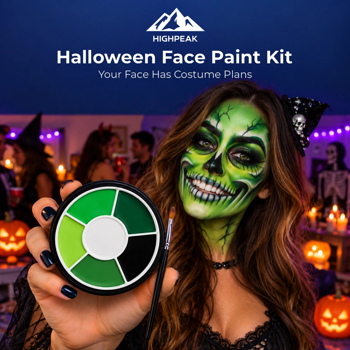 A woman with green and black Halloween face paint holds a round face paint palette in a decorated party setting. The image includes the HIGHPEAK brand logo and the text 'Halloween Face Paint Kit' at the top.
