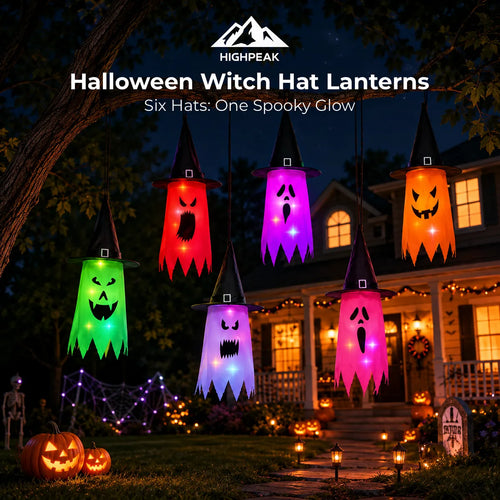Six Highpeak Halloween witch hat lanterns in different glowing colors (green, red, purple, orange, pink, and white) hanging in front of a lit-up house at night, with the text 'Halloween Witch Hat Lanterns' and 'Six Hats: One Spooky Glow' at the top.