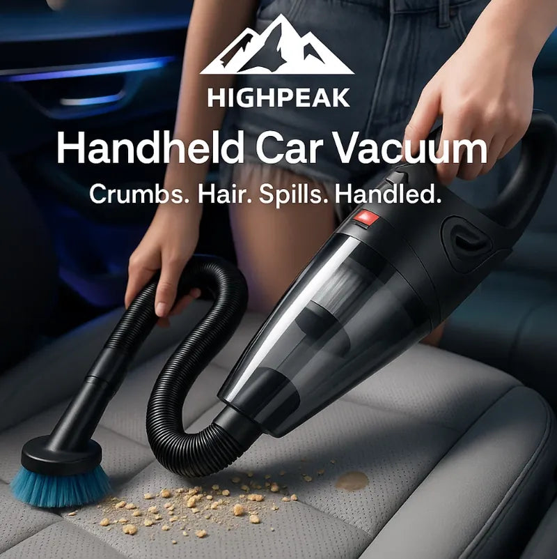 HighPeak Handheld Car Vacuum in black with brush tool cleaning crumbs from a gray car seat interior