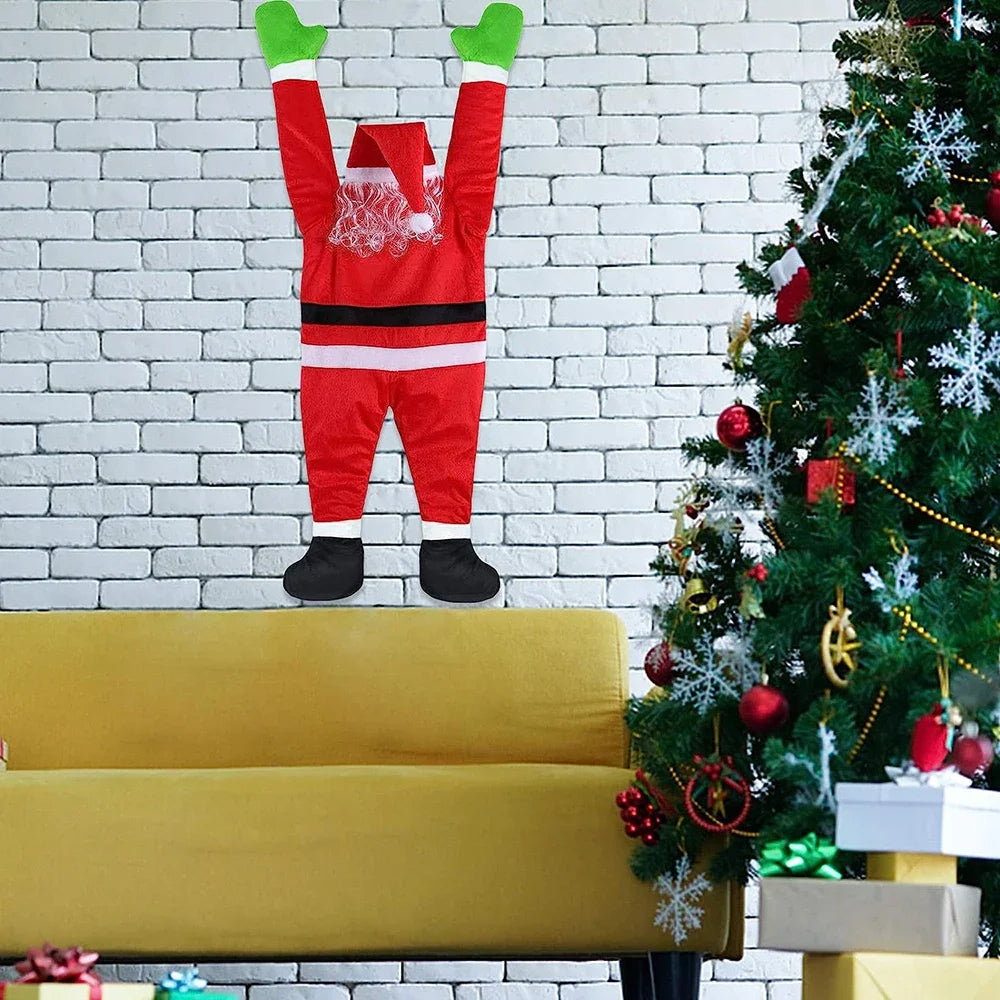 Hanging Santa Claus Decor on a white brick wall above a yellow sofa beside a Christmas tree.