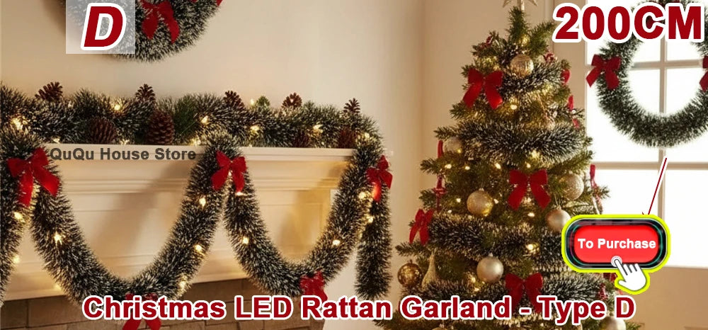 Supplier promotional image of 200 cm Christmas garland, Type D, with red bows above a fireplace.