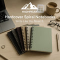 HighPeak Hardcover Spiral Notebooks 6-Pack in muted Morandi tones on wooden desk with laptop and coffee cup