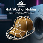 HighPeak Hat Washer Holder in white protecting a brown cap near a washing machine for shape-safe laundry.