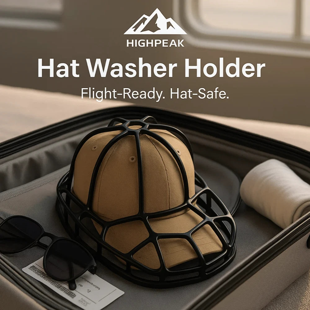 HighPeak Hat Washer Holder in black securing a tan cap inside an open suitcase, protecting shape during travel and laundry.