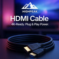 HighPeak Standard HDMI Cable coiled with gold-plated connectors on a dark surface, 4K-ready and plug-and-play design.