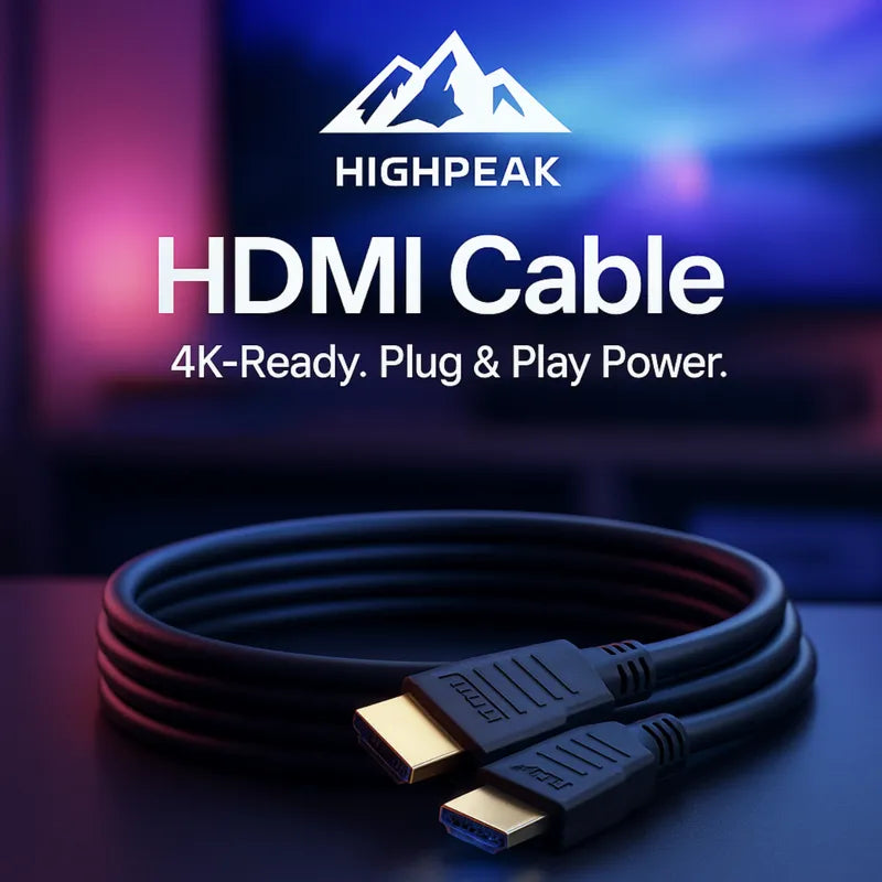 HighPeak Standard HDMI Cable coiled with gold-plated connectors on a dark surface, 4K-ready and plug-and-play design.
