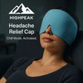 HighPeak Headache Relief Cap in blue worn by a woman relaxing indoors with eyes covered for cold therapy relief.