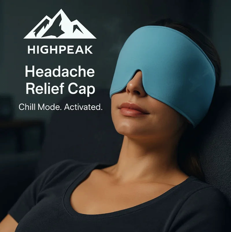 HighPeak Headache Relief Cap in blue worn by a woman relaxing indoors with eyes covered for cold therapy relief.