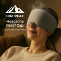HighPeak Headache Relief Cap in gray worn by relaxed woman indoors providing hands-free cold therapy and blackout comfort