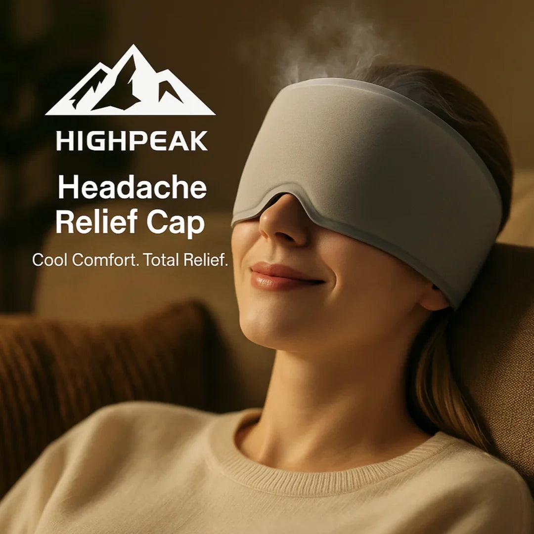 HighPeak Headache Relief Cap in gray worn by relaxed woman indoors providing hands-free cold therapy and blackout comfort