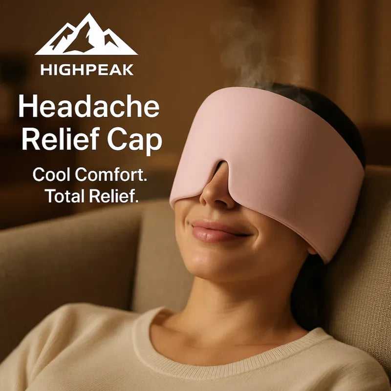 HighPeak Headache Relief Cap in soft pink worn by a woman relaxing on a couch for migraine relief and cool comfort