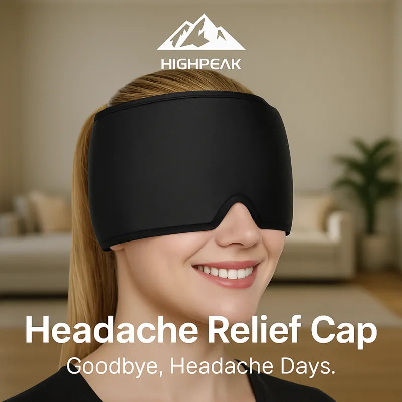 HighPeak Headache Relief Cap in black worn by smiling woman indoors for hands-free migraine and tension relief therapy