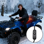 ATV rider in a snowy forest with a seat heating illustration and inline switch detail inset