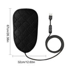 Black Heated Motorcycle Seat Pad with USB cable, inline switch and 67 × 32 cm dimension arrows
