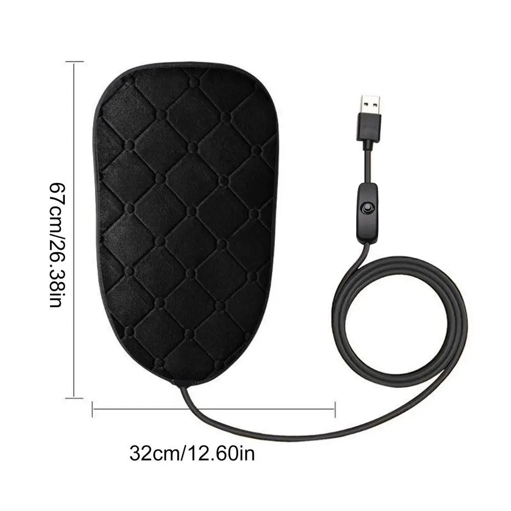 Black Heated Motorcycle Seat Pad with USB cable, inline switch and 67 × 32 cm dimension arrows
