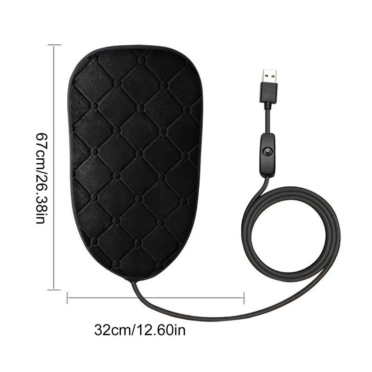 Heated Motorcycle Seat Pad size diagram showing 26.38 × 12.60 inches and 67 × 32 cm