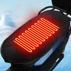 Heated Motorcycle Seat Pad on a blue scooter with a colored heating illustration and icy background