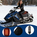 Snowmobile rider scene with Heated Motorcycle Seat Pad heating illustration and fabric and switch detail insets